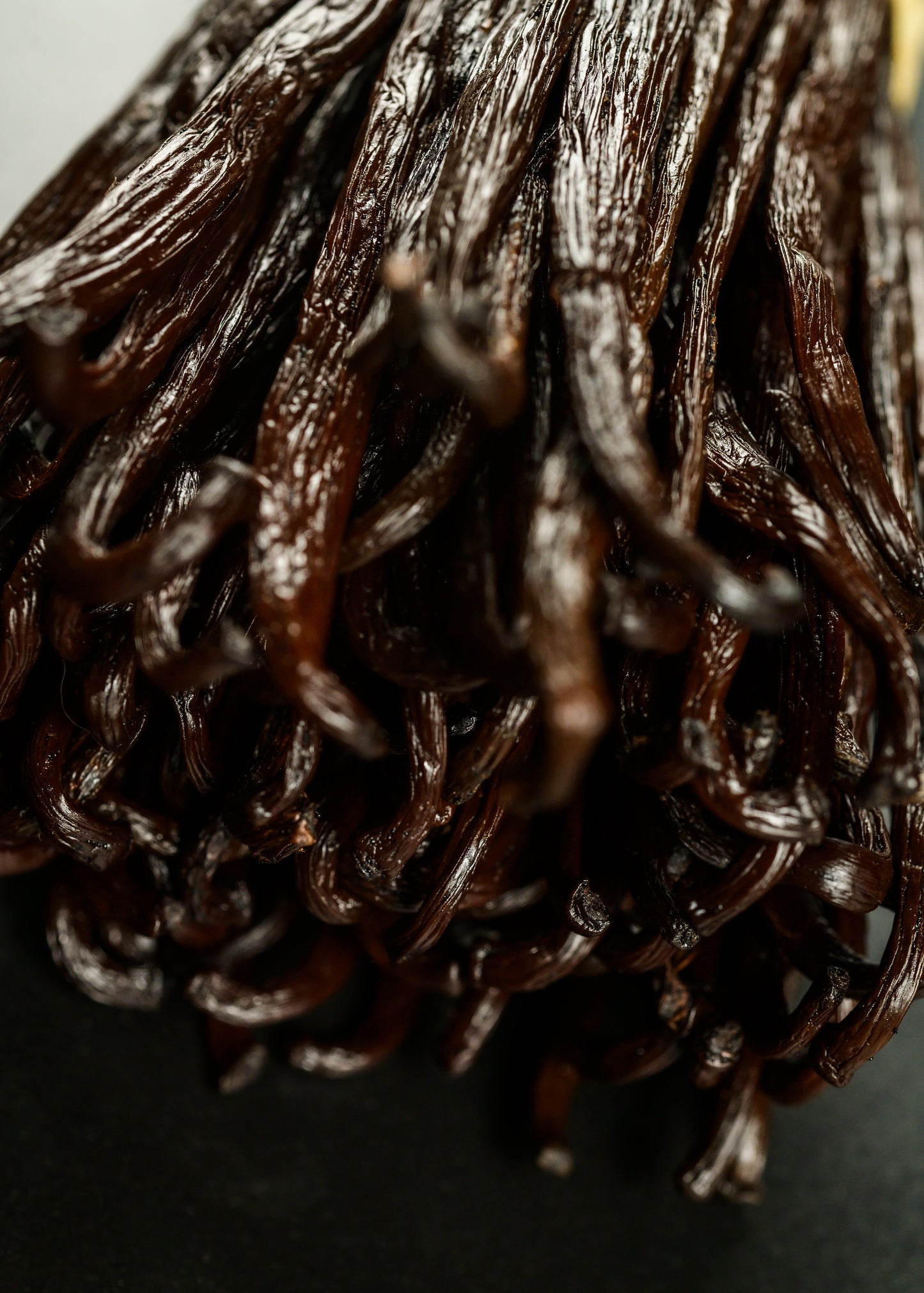 Close-up of vanilla pods on a dark surface
